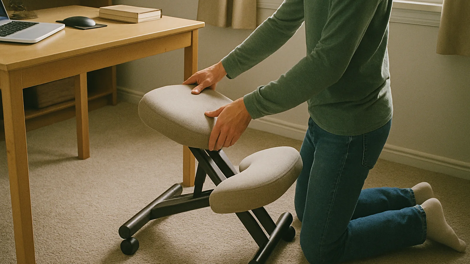 Kneeling ergonomic office chair in a lived-in home office